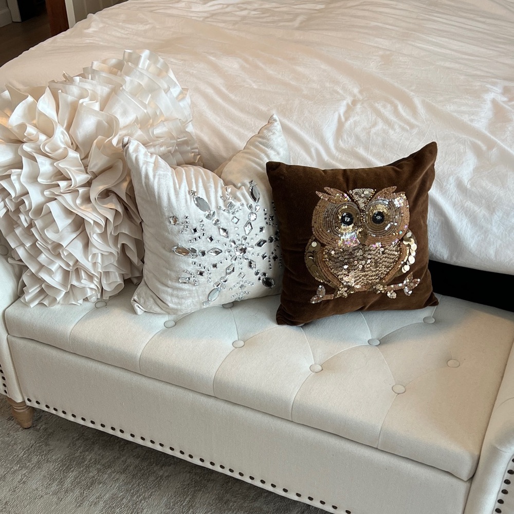 Pier 1 embellished owl accent pillow. 12x12”’s
